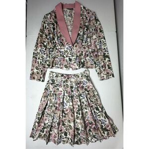 Rare Vintage Wrapper Bohemian 2 pcs Floral Print Suit Blazer Skirt Pink Trim SzS